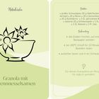 Naturküche Rezept für "Granola mit Brennnesselsamen" mit Zutaten und Zubereitung. Schlichte grüne Illustration einer Schale.