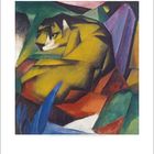 „Juni June 1, 2, 3, 4, 5, 6... 30“; Gemälde eines abstrakten Tigers in kräftigen Gelb-, Grün- und Blautönen.