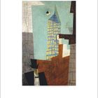 Kalender: "Juni / June". Illustration: Abstraktes Gebäude mit geometrischen Formen in Blau und Braun.