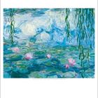 Juni, June; ein impressionistisches Gemälde mit Seerosen auf Wasser, umgeben von grünen Weidenzweigen.