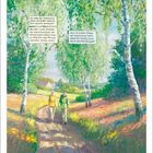 Zwei Texte: "Waldrand erreicht, aufpassen!", "Städtetrip ab morgen, Bielefeld?". Illustration: Zwei Wanderer auf Waldweg.