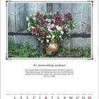 Juni. Der hundertjährige prophezeit: Das warme Wetter vom Vormonat dauert an. Am 7. regnet es. Bild einer Vase mit bunten Blumen vor Holzwand.