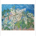 Gemälde von blühenden Zweigen mit kräftigen, grünen Blättern und einem lebhaften blauen Hintergrund. Zahl "6" unten.