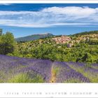 Kalenderseite mit Monat Juni. Lavendelfeld führt zu einem Dorf auf einem bewaldeten Hügel unter blauem Himmel.