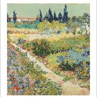 „Van Gogh“ oben, „Der Garten in Arles · 1888“ unten. Ein Gemälde mit bunten Pflanzen und Bäumen.