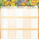 Juni 2027. Ein Kalenderblatt mit Gartenmotiv. Zwei gelbe Vögel auf einer Gießkanne, umgeben von orangefarbenen Blumen.