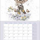 Kalenderseite für Juni. Oben ein Esel mit Blumen im Maul, daneben ein kleiner Vogel auf einer Mauer sitzend.