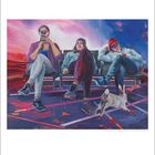 Zahl "6" und Kalendertage unten. Drei Personen auf einer Bank, Handy, entspannte Haltungen, Kaninchen im Vordergrund.