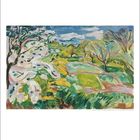 Nummer 6. Landschaftsgemälde mit blühenden Bäumen, grünen Wiesen und hügeligem Hintergrund in kräftigen Farben.