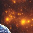 Kalender für Juni und Juli. Text über Weltraumforschung und KI. Darstellung des Weltalls mit Planeten und Sternen.