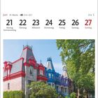 21. Sommeranfang. Kalenderdaten; Viktorianische Häuser am Square Saint-Louis, Montréal, Québec, mit bunten Dächern und Bäumen.