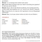 "Eine Wanderung mit der Familie" Dialog über Bergsteigen, Vokabeln wie klettern, Sicherheit, Würfel. Geburten am 4. August.
