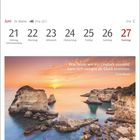 Kalenderseite, Juni 21–27, Zitat: "Was heute wie ein Unglück aussieht, kann sich morgen als Glück erweisen." Sonnenuntergang am Meer.