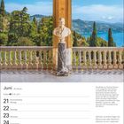 Juni-Kalenderblatt mit Büste von Thomas Hanbury, Ausblick auf Meer und Garten. Zitat von Beth Chatto über Gärtnern als Lebensstil.