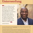 "Logik der Unterwerfung." Zitat von Achille Mbembe. Erscheint mit einem Porträt eines lächelnden Mannes.