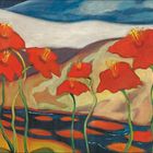 Kalenderanzeige für Juni und Juli, Gemälde von Zoltán Palugyay: Rote Blumen vor Bergen, 1930, Öl auf Leinwand.
