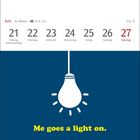 Juni-Kalender 21.-27., Montag Sommeranfang. Darunter Glühbirne in blauem Feld, Text: "Me goes a light on."