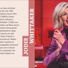 Links: Juni und Juli Kalender.
Mitte: Text über Jodie Whittaker, bekannt als 13. Doktor in "Doctor Who".
Rechts: Frau lächelnd.