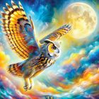 Eine Eule fliegt vor einem großen Vollmond am Himmel, umgeben von farbenfrohen Wolken. Text: "34 Eule".