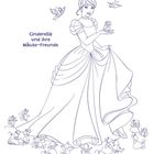 "Cinderella und ihre Mäuse-Freunde." Zeichnung: Prinzessin im Kleid, umgeben von Mäusen und Vögeln.