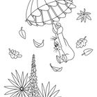 Illustration: Ein kleiner Maulwurf schwebt an einem Regenschirm in der Luft, umgeben von fallenden Blättern.