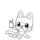 Illustration einer niedlichen Katze mit Brille, die einen Drink mit Strohhalm und Erdbeere hält, neben ihr eine Tasche.