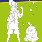„Krokel ist nun Rorys Partner! Male beide bunt aus.“ Junge mit Baseballkappe, Rucksack; freundliches Wesen mit Blätterbüschel.