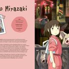 Links: "Hayao Miyazaki" mit Foto, Job, Geburtsdatum, Heimatort. Rechts: Illustrierte Szene mit Mädchen neben Schweinen.