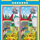 Finde 7 Unterschiede. Hake für jeden Fehler ein Kästchen ab. Lösungen am Ende. Zwei Illustrationen: Hunde in Fahrzeugen, Wald, Himmel.