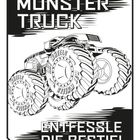 "MONSTER TRUCK. ENTFESSLE DIE BESTIE!" Illustration eines Monstertrucks mit riesigen Reifen und dynamischem Design.