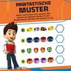 Text: "PAWTASTISCHE MUSTER. Ryder weiß immer eine Lösung! Was kommt als nächstes Symbol in den Musterreihen? Hilf ihm und zeichne es auf." Es gibt Reihen mit Symbolen und Freiräume, um das Muster zu ergänzen. Links steht eine Figur eines Jungen in einer Uniform.