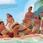 „Eines Tages erwischte mich eine große Welle etwas zu kräftig ...“ Eine Illustration zeigt Menschen in traditionellen Gewändern am Strand; eine Person liegt lächelnd am Boden, umgeben von palmenbewachsenen Hügeln.