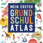 "Mein erster Grundschulatlas" steht in großen Buchstaben. Viele bunte Illustrationen von Tieren und Menschen.