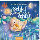"Ich schenk dir ein Licht. Schlaf Kindlein schlaf." Illustration mit Entenmutter und Küken im Teich, Mond und Sternen.
