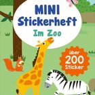 "MINI Stickerheft Im Zoo" und "über 200 Sticker". Illustration: Giraffe, Zebra, Eichhörnchen, Baum, Schmetterling.