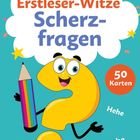 "Erstleser-Witze Scherzfragen", 50 Karten. Illustration: Gelbes Fragezeichen mit Gesicht hält bunten Bleistift.