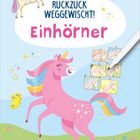 "Ruckzuck weggewischt! Einhörner" und "Rätseln mit abwischbarem Stift". Illustration: rosa Einhorn, Schmetterlinge.