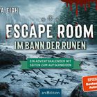 "Escape Room: Im Bann der Runen", "Ein Adventskalender mit Seiten zum Aufschneiden", winterliche Waldszene mit Runen im Schnee.