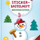 "Mein erstes Sticker-Bastelheft Weihnachten." Illustration eines Schneemanns, Tannenbäume, Schere und Sterne.