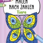 "Mini Malen nach Zahlen Tiere". Illustration eines bunten Schmetterlings mit nummerierten Feldern zum Ausmalen.