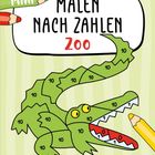 "Malen nach Zahlen Zoo" steht oben. Ein grünes Krokodil ist illustriert, mit Zahlen in jedem Segment. Buntstifte sind zu sehen.