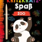 Text: "Kritzelkratz-Spaß Zoo". Eine fröhliche Illustration mit einem lächelnden Panda, bunten Tieren und einem Holzstift.