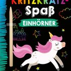 „Kritzelkratz-Spaß Einhörner“ steht in bunten und weißen Buchstaben. Gezeigt wird ein springendes Einhorn mit rosa Mähne.
