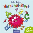 "Mein dicker Vorschul-Block, ab 4 Jahren." Illustration: Fröhliches, pinkes Monster wirbelt bunte Buchstaben und Zahlen.