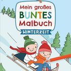 "Mein großes buntes Malbuch Winterzeit" in bunten Buchstaben. Zwei Kinder rodeln fröhlich im Schnee. Ein Vogel oben.