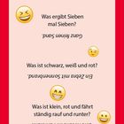 Text: Scherzfragen. Was ergibt Sieben mal Sieben? Ganz feinen Sand. Emojis mit lachenden Gesichtern.