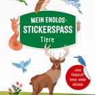 Text: "Mein Endlos-Stickerspaß Tiere", "ohne Klebstoff immer wieder ablösbar". Illustration von Tieren wie Hirsch und Eule.
