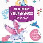 "Mein Endlos-Stickerspaß: Einhörner" steht auf einem lila Schild. Ein fliegendes Einhorn, Feen und Schmetterlinge sind zu sehen.