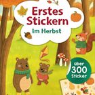 "Erstes Stickern Im Herbst", "über 300 Sticker", "ab 3". Illustration: Bären, Eichhörnchen, Bäume, Drachen, Pilze, Stickerblatt.
