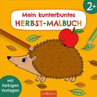 "Mein kunterbuntes HERBST-MALBUCH", "2+", "Mit farbigen Vorlagen". Ein Igel mit Apfel, Buntstifte und Blätter auf orangem Hintergrund.